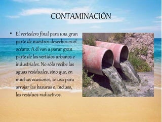 CONTAMINACIÓN
• El vertedero final para una gran
parte de nuestros desechos es el
océano. A él van a parar gran
parte de los vertidos urbanos e
industriales. No sólo recibe las
aguas residuales, sino que, en
muchas ocasiones, se usa para
arrojar las basuras o, incluso,
los residuos radiactivos.
 