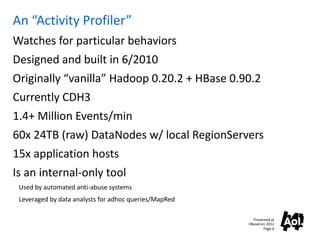 An “Activity Profiler”
Watches for particular behaviors
Designed and built in 6/2010
Originally “vanilla” Hadoop 0.20.2 + ...