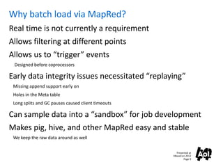 Why batch load via MapRed?
Real time is not currently a requirement
Allows filtering at different points
Allows us to “tri...