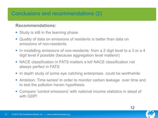 Conclusions and recommendations (2) 
Recommendations: 
 Study is still in the learning phase 
 Quality of data on emissions of residents is better than data on 
emissions of non-residents. 
 In modelling emissions of non-residents: from a 2 digit level to a 3 or a 4 
digit level if possible (because aggregation level matters!) 
 NACE classification in FATS matters a lot! NACE classification not 
always perfect in FATS 
 In depth study of some eye catching enterprises could be worthwhile 
 Ambition: Time series! In order to monitor carbon leakage over time and 
to test the pollution haven hypothesis 
 Compare ‘control emissions’ with national income statistics in stead of 
with GDP! 
12 © 2014 The Conference Board, Inc. | www.conferenceboard.org 
12 
 