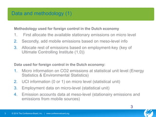 Data and methodology (1) 
Methodology used for foreign control in the Dutch economy 
1. First allocate the available stationary emissions on micro level 
2. Secondly, add mobile emissions based on meso-level info 
3. Allocate rest of emissions based on employment-key (key of 
Ultimate Controlling Institute (1,0)) 
Data used for foreign control in the Dutch economy: 
1. Micro information on CO2 emissions at statistical unit level (Energy 
Statistics & Environmental Statistics) 
2. UCI information (0 or 1) on micro level (statistical unit) 
3. Employment data on micro-level (statistical unit) 
4. Emission accounts data at meso-level (stationairy emissions and 
emissions from mobile sources) 
3 © 2014 The Conference Board, Inc. | www.conferenceboard.org 
3 
 
