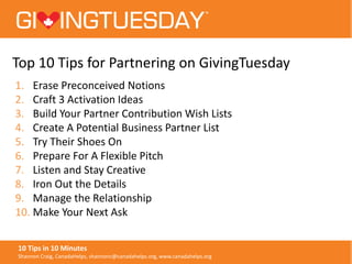 Top 10 Tips for Partnering on GivingTuesday
1. Erase Preconceived Notions
2. Craft 3 Activation Ideas
3. Build Your Partne...
