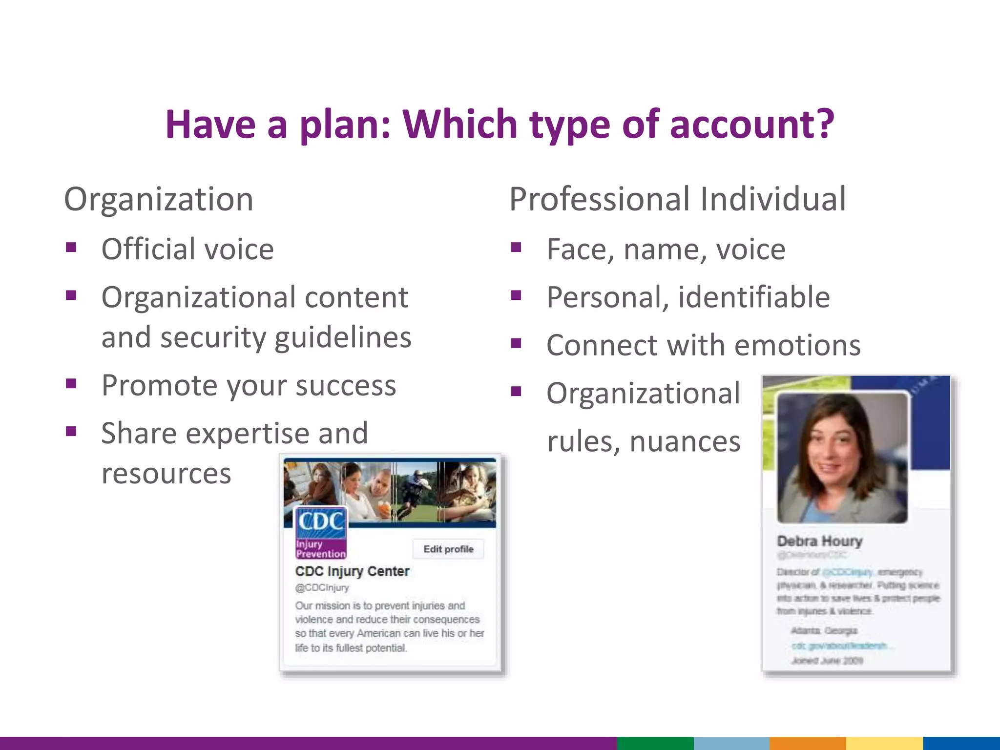 Have a plan: Which type of account?
Organization
 Official voice
 Organizational content
and security guidelines
 Promote your success
 Share expertise and
resources
Professional Individual
 Face, name, voice
 Personal, identifiable
 Connect with emotions
 Organizational
rules, nuances
 