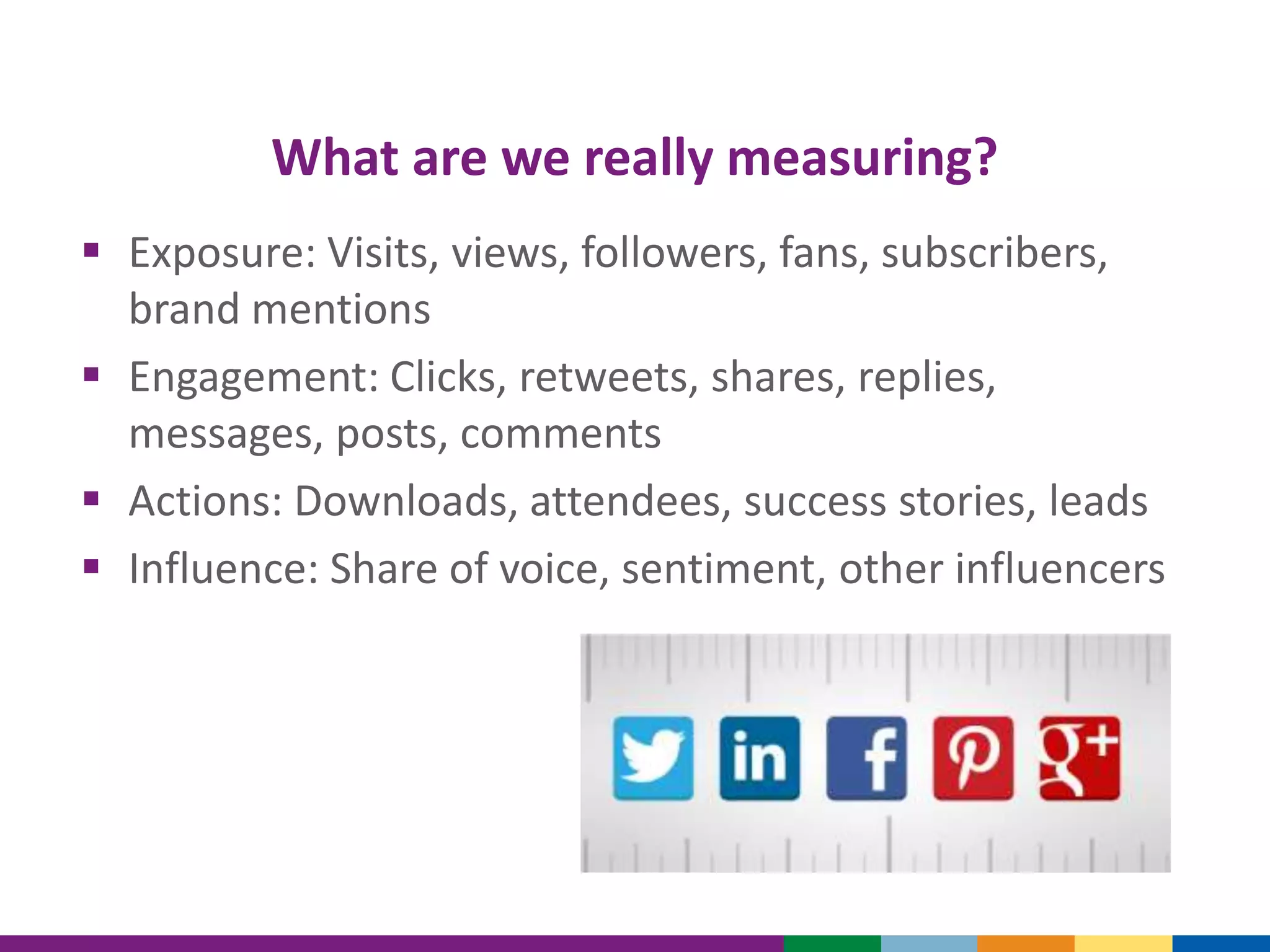 What are we really measuring?
 Exposure: Visits, views, followers, fans, subscribers,
brand mentions
 Engagement: Clicks, retweets, shares, replies,
messages, posts, comments
 Actions: Downloads, attendees, success stories, leads
 Influence: Share of voice, sentiment, other influencers
 