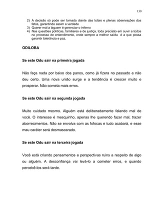 2) A decisão só pode ser tomada diante das totais e plenas observações dos
fatos, garantindo assim a verdade
3) Querer mal a laguem é gerenciar o inferno
4) Nas questões políticas, familiares e de justiça, toda precisão em ouvir a todos
no processo de entendimento, onde sempre a melhor saída é a que possa
garantir tolerância e paz.
ODILOBA
Se este Odu sair na primeira jogada
Não faça nada por baixo dos panos, como já fizera no passado e não
deu certo. Uma nova união surge e a tendência é crescer muito e
prosperar. Não cometa mais erros.
Se este Odu sair na segunda jogada
Muito cuidado mesmo. Alguém está deliberadamente falando mal de
você. O interesse é mesquinho, apenas lhe querendo fazer mal, trazer
aborrecimentos. Não se envolva com as fofocas e tudo acabará, e esse
mau caráter será desmascarado.
Se este Odu sair na terceira jogada
Você está criando pensamentos e perspectivas ruins a respeito de algo
ou alguém. A desconfiança vai levá-lo a cometer erros, e quando
percebê-los será tarde.
130
 
