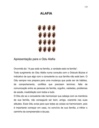 ALAFIA
Apresentação para o Odu Alafia
Orunmilá diz: “A paz está na família, a verdade está na família”.
Todo surgimento do Odu Alafia numa consulta com o Oráculo Búzios é
indicativo de que algo com o consulente ou sua família não está bem. O
Odu sempre nos prepara para uma mudança que pode ser de hábitos,
de comportamento, conflitos que precisam terminar, falta de
comunicação entre as pessoas da família, orgulho, vaidades, problemas
de saúde, insatisfação com todos e tudo.
O Odu diz se o consulente não harmonizar sua cabeça com os membros
de sua família, não conseguirá ser bom, amigo, coerente nas suas
atitudes. Esse Odu avisa para que todas as coisas se harmonizem, pois
é importante começar em casa, no convívio de sua família, a trilhar o
caminho da compreensão e da paz.
139
 