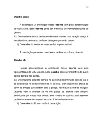 Osorbo saran
A separação. A orientação desse osorbo vem pela apresentação
do Odu Alafia. Esse osorbo pode ser indicativo de incompatibilidade de
gênios.
Ex: O consulente busca desesperadamente manter uma relação que já é
insustentável, e é capaz de fazer bobagem para não perder.
1) O osorbo diz ceder às vezes se faz imprescindível.
A orientação para esse osorbo é a de buscar o discernimento.
Osorbo ofu
Perdas generalizadas. A orientação desse osorbo vem pela
apresentação do Odu Ejionile. Esse osorbo pode ser indicativo de quem
confia demais nos outros.
Ex: O consulente acredita demais no que uma determinada pessoa fala e
se estabelece no compromisso da fé, ou seja, crer cegamente. Deixa de
ouvir os amigos que alertam para o perigo, não houve a voz da intuição.
Quando vem a acordar se vê em papos de aranha sem amigos,
endividada por causa dos outros, sem credito e sozinha para resolver
problemas e sem ter a quem recorrer. A tal amizade sumiu.
1) O osorbo diz fé sem razão é destruição.
163
 