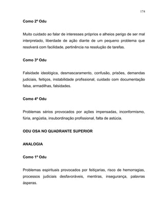 Como 2º Odu
Muito cuidado ao falar de interesses próprios e alheios perigo de ser mal
interpretado, liberdade de ação diante de um pequeno problema que
resolverá com facilidade, pertinência na resolução de tarefas.
Como 3º Odu
Falsidade ideológica, desmascaramento, confusão, prisões, demandas
judiciais, feitiços, instabilidade profissional, cuidado com documentação
falsa, armadilhas, falsidades.
Como 4º Odu
Problemas sérios provocados por ações impensadas, inconformismo,
fúria, angústia, insubordinação profissional, falta de astúcia.
ODU OSA NO QUADRANTE SUPERIOR
ANALOGIA
Como 1º Odu
Problemas espirituais provocados por feitiçarias, risco de hemorragias,
processos judiciais desfavoráveis, mentiras, insegurança, palavras
ásperas.
174
 