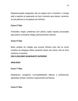 Despreocupação exagerada; não se engane com o momento, o inimigo
está a espreita só esperando um bom momento para atacar; contenha-
se nas palavras e nos gestos com dinheiro.
Como 3º Odu
Inimizades; brigas; problemas com polícia; ações injustas provocadas
pelo próprio consulente; fadiga; aborrecimentos intensos.
Como 4º Odu
Muito cuidado em relação que envolva dinheiro para não se tornar
cúmplice da desgraça alheia causando danos aos outros; não se torne
medíocre e avarento.
ODU EJIOLIGBO QUADRANTE SUPERIOR
ANALOGIA
Como 1º Odu
Displicência; arrogância; incompatibilidades afetivas e profissionais;
agressões verbais; mentiras e agravamento de fofocas.
Como 2º Odu
180
 