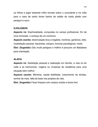 os trilhos e jogar bastante milho torrado sobre o consulente e na volta
para a casa de santo tomar banho de sabão da costa pilado com
peregun e osun.
EJIOLIGBON
Aspecto ire: Espiritualidade, conquistas no campo profissional, fim de
uma inimizade, o começo de um comercio.
Aspecto osorbo: dissimulação leva a tragédia, mentiras, ganância, ódio,
insatisfação pessoal, discórdias, estupro, torturas psicológicas, medo.
Ebó: (Sugestão) Odu muito perigoso o melhor é procurar um Babalawo
para orientação.
ALAFIA
Aspecto ire: Satisfação pessoal e realização em família, a vida no lar
volta a se harmonizar, viagens ou mudança de residência para uma
situação bem melhor.
Aspecto osorbo: Mentiras, saúde debilitada, crescimento de dividas,
sonhar de mais, falta de base nos projetos de vida.
Ebó: (Sugestão) Fazer limpeza com canjica cozida e tomar bori.
195
 