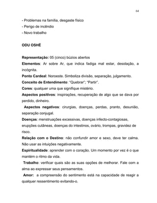 - Problemas na família, desgaste físico
- Perigo de incêndio
- Novo trabalho
ODU OSHÉ
Representação: 05 (cinco) búzios abertos
Elementos: Ar sobre Ar, que indica fadiga mal estar, desolação, a
incógnita.
Ponto Cardeal: Noroeste. Simboliza divisão, separação, julgamento.
Conceito de Entendimento: “Quebrar”; “Partir”.
Cores: qualquer uma que signifique mistério.
Aspectos positivos: inspirações, recuperação de algo que se dava por
perdido, dinheiro.
Aspectos negativos: cirurgias, doenças, perdas, pranto, desunião,
separação conjugal.
Doenças: menstruações excessivas, doenças infecto-contagiosas,
erupções cutâneas, doenças do intestinos, ovário, trompas, gravidez de
risco.
Relação com o Destino: não confundir amor e sexo, deve ter calma.
Não usar as intuições negativamente.
Espiritualidade: aprender com o coração. Um momento por vez é o que
mantém o ritmo da vida.
Trabalho: verificar quais são as suas opções de melhorar. Fale com a
alma ao expressar seus pensamentos.
Amor: a compreensão do sentimento está na capacidade de reagir a
qualquer ressentimento evitando-o.
64
 