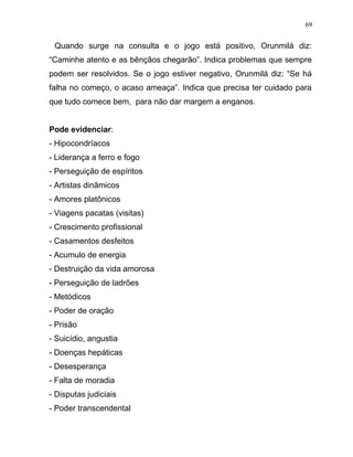 Quando surge na consulta e o jogo está positivo, Orunmilá diz:
“Caminhe atento e as bênçãos chegarão”. Indica problemas que sempre
podem ser resolvidos. Se o jogo estiver negativo, Orunmilá diz: “Se há
falha no começo, o acaso ameaça”. Indica que precisa ter cuidado para
que tudo comece bem, para não dar margem a enganos.
Pode evidenciar:
- Hipocondríacos
- Liderança a ferro e fogo
- Perseguição de espíritos
- Artistas dinâmicos
- Amores platônicos
- Viagens pacatas (visitas)
- Crescimento profissional
- Casamentos desfeitos
- Acumulo de energia
- Destruição da vida amorosa
- Perseguição de ladrões
- Metódicos
- Poder de oração
- Prisão
- Suicídio, angustia
- Doenças hepáticas
- Desesperança
- Falta de moradia
- Disputas judiciais
- Poder transcendental
69
 