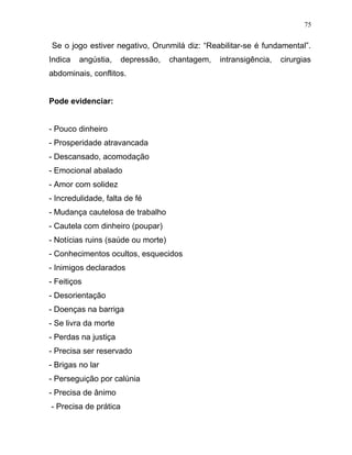 Se o jogo estiver negativo, Orunmilá diz: “Reabilitar-se é fundamental”.
Indica angústia, depressão, chantagem, intransigência, cirurgias
abdominais, conflitos.
Pode evidenciar:
- Pouco dinheiro
- Prosperidade atravancada
- Descansado, acomodação
- Emocional abalado
- Amor com solidez
- Incredulidade, falta de fé
- Mudança cautelosa de trabalho
- Cautela com dinheiro (poupar)
- Notícias ruins (saúde ou morte)
- Conhecimentos ocultos, esquecidos
- Inimigos declarados
- Feitiços
- Desorientação
- Doenças na barriga
- Se livra da morte
- Perdas na justiça
- Precisa ser reservado
- Brigas no lar
- Perseguição por calúnia
- Precisa de ânimo
- Precisa de prática
75
 