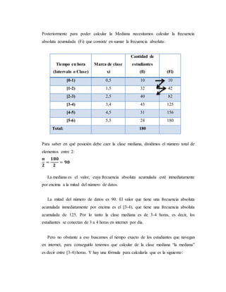 Posteriormente para poder calcular la Mediana necesitamos calcular la frecuencia
absoluta acumulada (Fi) que consiste en sumar la frecuencia absoluta:
Tiempo en hora
(Intervalo o Clase)
Marca de clase
xi
Cantidad de
estudiantes
(fi) (Fi)
[0-1) 0,5 10 10
[1-2) 1,5 32 42
[2-3) 2,5 40 82
[3-4) 3,4 43 125
[4-5) 4,5 31 156
[5-6) 5,5 24 180
Total: 180
Para saber en qué posición debe caer la clase mediana, dividimos el número total de
elementos entre 2:
𝒏
𝟐
=
𝟏𝟖𝟎
𝟐
= 𝟗𝟎
La mediana es el valor, cuya frecuencia absoluta acumulada esté inmediatamente
por encima a la mitad del número de datos.
La mitad del número de datos es 90. El valor que tiene una frecuencia absoluta
acumulada inmediatamente por encima es el [3-4), que tiene una frecuencia absoluta
acumulada de 125. Por lo tanto la clase mediana es de 3-4 horas, es decir, los
estudiantes se conectan de 3 a 4 horas en internet por día.
Pero no obstante a eso buscamos el tiempo exacto de los estudiantes que navegan
en internet, para conseguirlo tenemos que calcular de la clase mediana “la mediana”
es decir entre [3-4) horas. Y hay una fórmula para calcularla que es la siguiente:
 