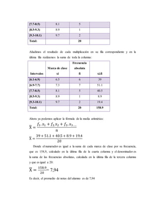 [7.7-8.5) 8.1 5
[8.5-9.3) 8.9 1
[9.3-10.1) 9.7 2
Total: 20
Añadimos el resultado de cada multiplicación en su fila correspondiente y en la
última fila realizamos la suma de toda la columna:
Intervalos
Marca de clase
xi
Frecuencia
absoluta
fi xi.fi
[6.1-6.9) 6.5 6 39
[6.9-7.7) 7.3 7 51.1
[7.7-8.5) 8.1 5 40.5
[8.5-9.3) 8.9 1 8.9
[9.3-10.1) 9.7 2 19.4
Total: 20 158.9
Ahora ya podemos aplicar la fórmula de la media aritmética:
X̅ =
𝑓1. 𝑥1 + 𝑓2. 𝑥2 + 𝑓3. 𝑥3…..
n
X̅ =
39 + 51.1 + 40.5 + 8.9 + 19.4
20
Donde el numerador es igual a la suma de cada marca de clase por su frecuencia,
que es 158,9, calculado en la última fila de la cuarta columna y el denominador es
la suma de las frecuencias absolutas, calculada en la última fila de la tercera columna
y que es igual a 20:
X̅ =
158,9
20
= 7,94
Es decir, el promedio de notas del alumno es de 7,94
 