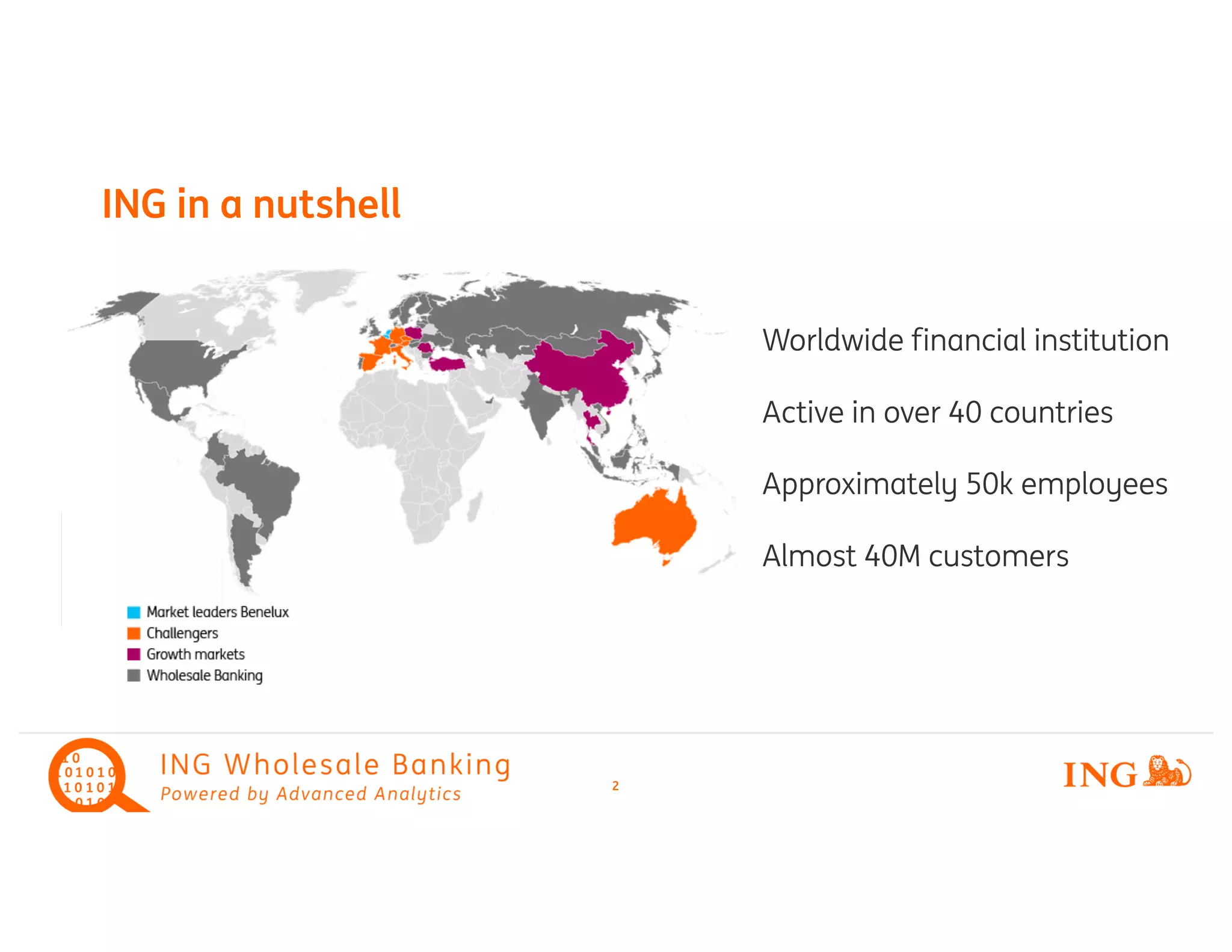 ING in a nutshell
2
Worldwide financial institution
Active in over 40 countries
Approximately 50k employees
Almost 40M customers
 