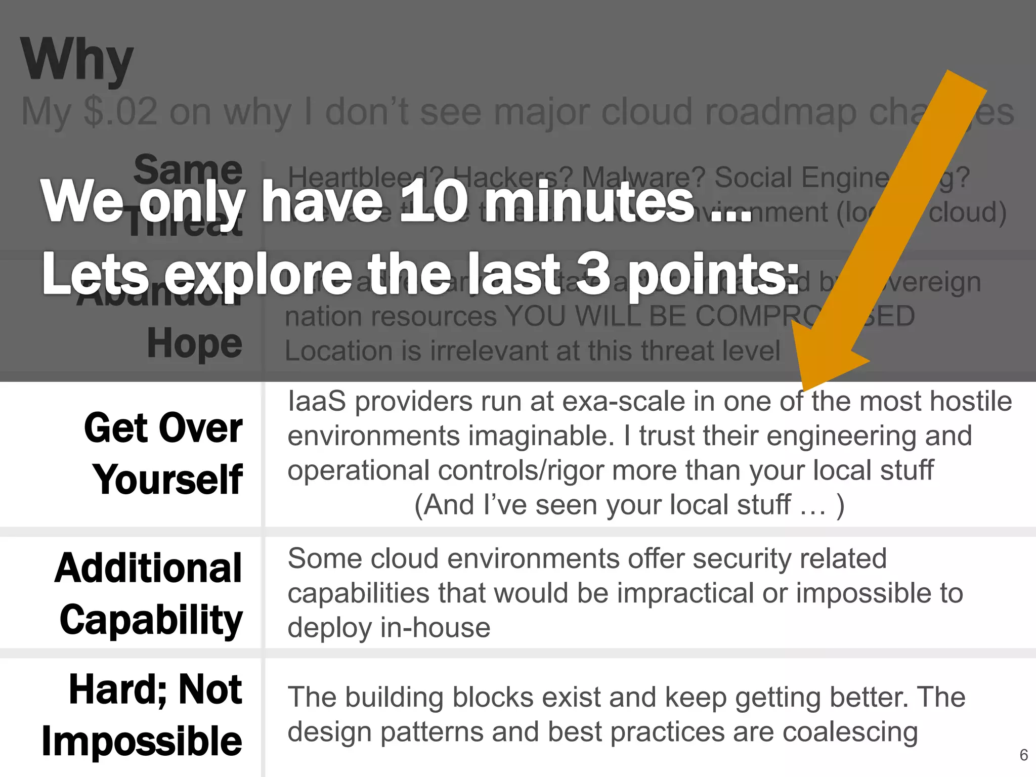 Why 
6 
My $.02 on why I don’t see major cloud roadmap changes 
Same 
Threat 
Abandon 
Hope 
Get Over 
Yourself 
Additional 
Capability 
If the adversary is a state actor or backed by sovereign 
nation resources YOU WILL BE COMPROMISED 
Location is irrelevant at this threat level 
IaaS providers run at exa-scale in one of the most hostile 
environments imaginable. I trust their engineering and 
operational controls/rigor more than your local stuff 
(And I’ve seen your local stuff … ) 
Some cloud environments offer security related 
capabilities that would be impractical or impossible to 
deploy in-house 
The building blocks exist and keep getting better. The 
design patterns and best practices are coalescing 
Hard; Not 
Impossible 
Heartbleed? Hackers? Malware? Social Engineering? 
We face these threats in ANY environment (local / cloud) 
 