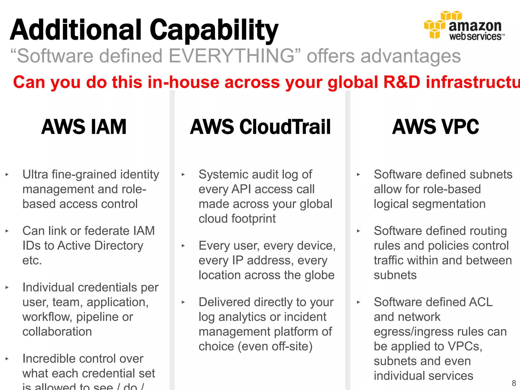 Additional Capability 
Can you do this in-house across your global R&D infrastructure? 
8 
“Software defined EVERYTHING” offers advantages 
AWS IAM 
‣ Ultra fine-grained identity 
management and role-based 
access control 
‣ Can link or federate IAM 
IDs to Active Directory 
etc. 
‣ Individual credentials per 
user, team, application, 
workflow, pipeline or 
collaboration 
‣ Incredible control over 
what each credential set 
is allowed to see / do / 
AWS CloudTrail 
‣ Systemic audit log of 
every API access call 
made across your global 
cloud footprint 
‣ Every user, every device, 
every IP address, every 
location across the globe 
‣ Delivered directly to your 
log analytics or incident 
management platform of 
choice (even off-site) 
AWS VPC 
‣ Software defined subnets 
allow for role-based 
logical segmentation 
‣ Software defined routing 
rules and policies control 
traffic within and between 
subnets 
‣ Software defined ACL 
and network 
egress/ingress rules can 
be applied to VPCs, 
subnets and even 
individual services 
 
