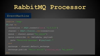 RabbitMQ Processor 
EventMachine 
require 'amqp' 
EM.run do 
connection = AMQP.connect(host: '0.0.0.0') 
channel = AMQP::Channel .new(connection) 
queue = channel.queue( "my_queue" ) 
queue.subscribe do |metadata, payload| 
puts "Received message: #{payload}." 
end 
exchange = channel.default_exchange 
exchange.publish "Hello world!" ,routing_key : "my_queue" 
end 
 