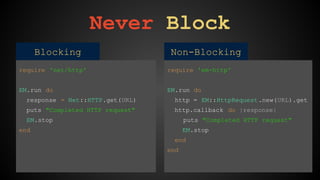 Never Block 
Blocking Non-Blocking 
require 'net/http' 
EM.run do 
response = Net::HTTP.get(URL) 
puts "Completed HTTP request" 
EM.stop 
end 
require 'em-http' 
EM.run do 
http = EM::HttpRequest .new(URL).get 
http.callback do |response| 
puts "Completed HTTP request" 
EM.stop 
end 
end 
 