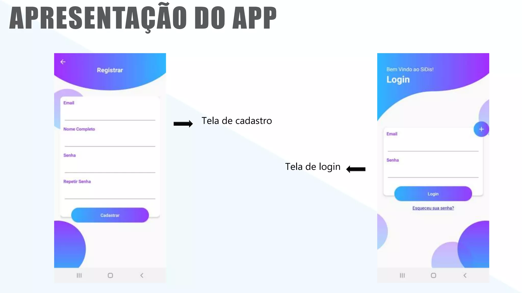 Classificação da informação: Uso Interno
APRESENTAÇÃO DO APP
Tela de cadastro
Tela de login
APRESENTAÇÃO DO APP
Tela de cadastro
Tela de login
 