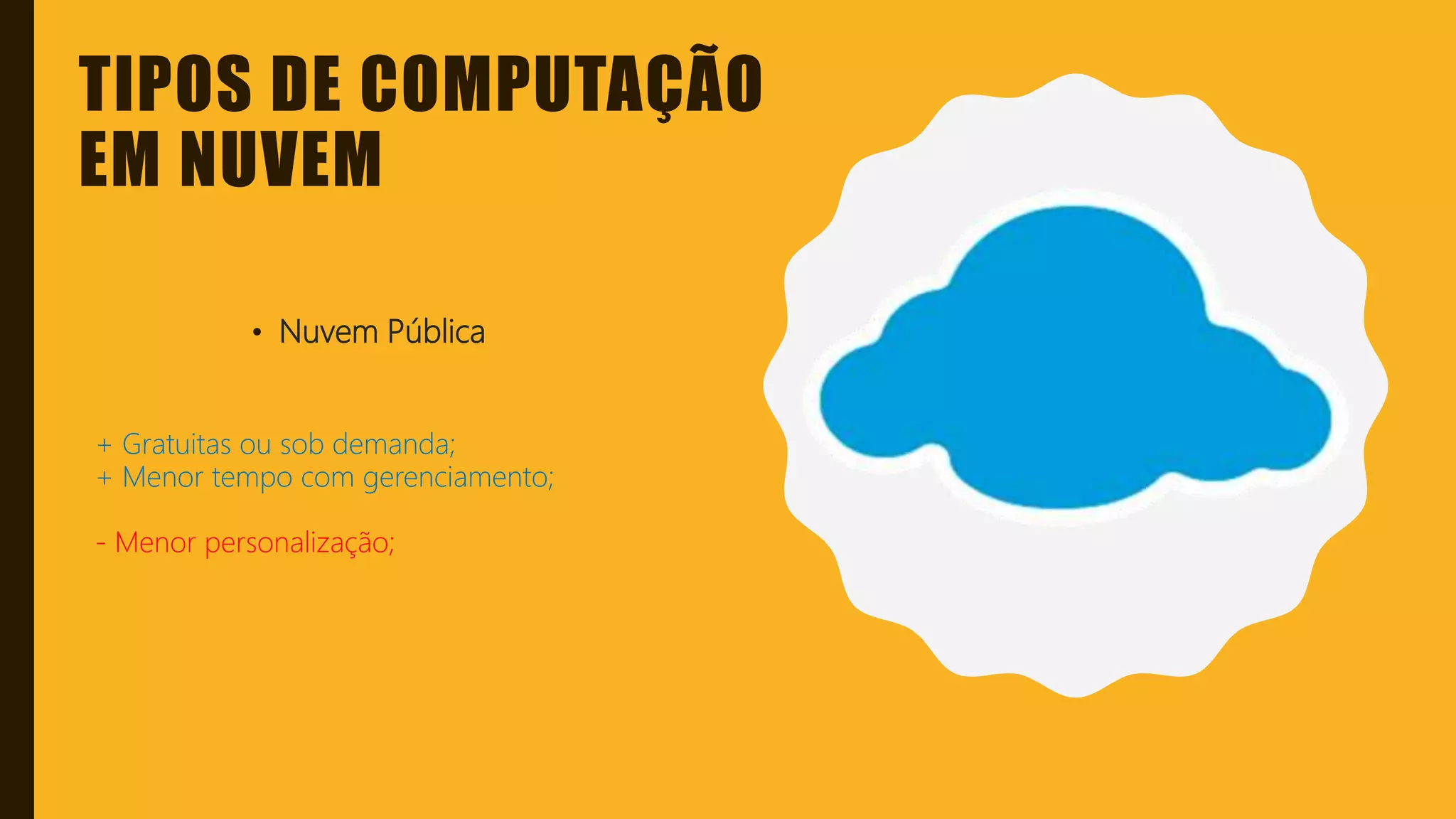 Classificação da informação: Uso Interno
TIPOS DE COMPUTAÇÃO
EM NUVEM
• Nuvem Pública
+ Gratuitas ou sob demanda;
+ Menor tempo com gerenciamento;
- Menor personalização;
 