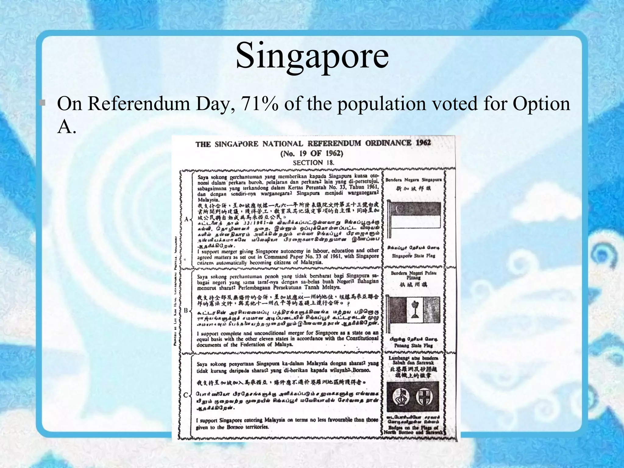 Singapore On Referendum Day, 71% of the population voted for Option A. 