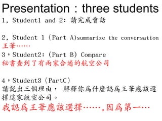 Presentation：three students
1, Student1 and 2: 請完成會話

2, Student 1（Part A)summarize the conversation
王華……
3，Student2: (Part B) Compare
秘書查到了有兩家合適的航空公司

4，Student3（PartC）
請說出三個理由， 解釋你為什麼認為王華應該選
擇這家航空公司。
我認為王華應該選擇……,因為第一…
 