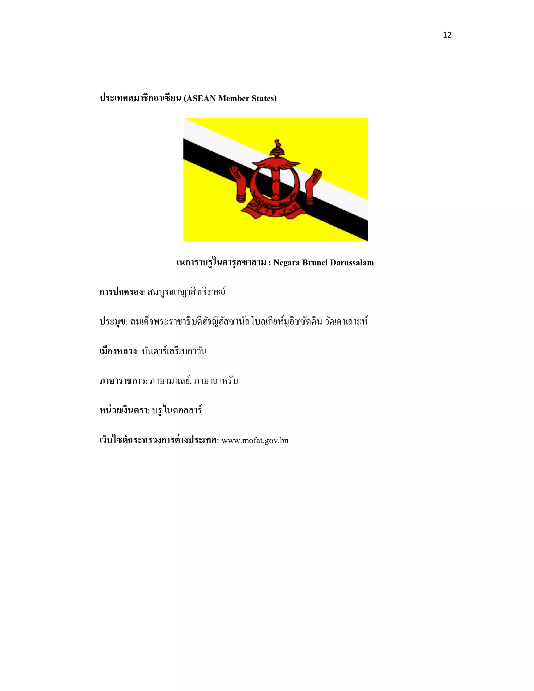 12
ประเทศสมาชิกอาเซียน (ASEAN Member States)
เนการาบรูไนดารุสซาลาม : Negara Brunei Darussalam
การปกครอง: สมบูรณาญาสิทธิราชย์
ประมุข: สมเด็จพระราชาธิบดีฮัจญีฮัสซานัลโบลเกียห์มูอิซซัดดิน วัดเดาเลาะห์
เมืองหลวง: บันดาร์เสรีเบกาวัน
ภาษาราชการ: ภาษามาเลย์, ภาษาอาหรับ
หน่วยเงินตรา: บรูไนดอลลาร์
เว็บไซต์กระทรวงการต่างประเทศ: www.mofat.gov.bn
 