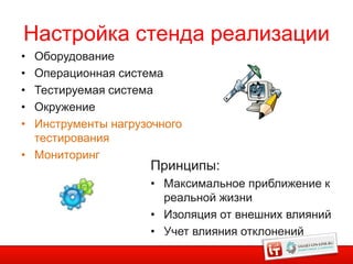 Настройка стенда реализации
• Оборудование
• Операционная система
• Тестируемая система
• Окружение
• Инструменты нагрузочного
  тестирования
• Мониторинг
                    Принципы:
                    • Максимальное приближение к
                      реальной жизни
                    • Изоляция от внешних влияний
                    • Учет влияния отклонений
 