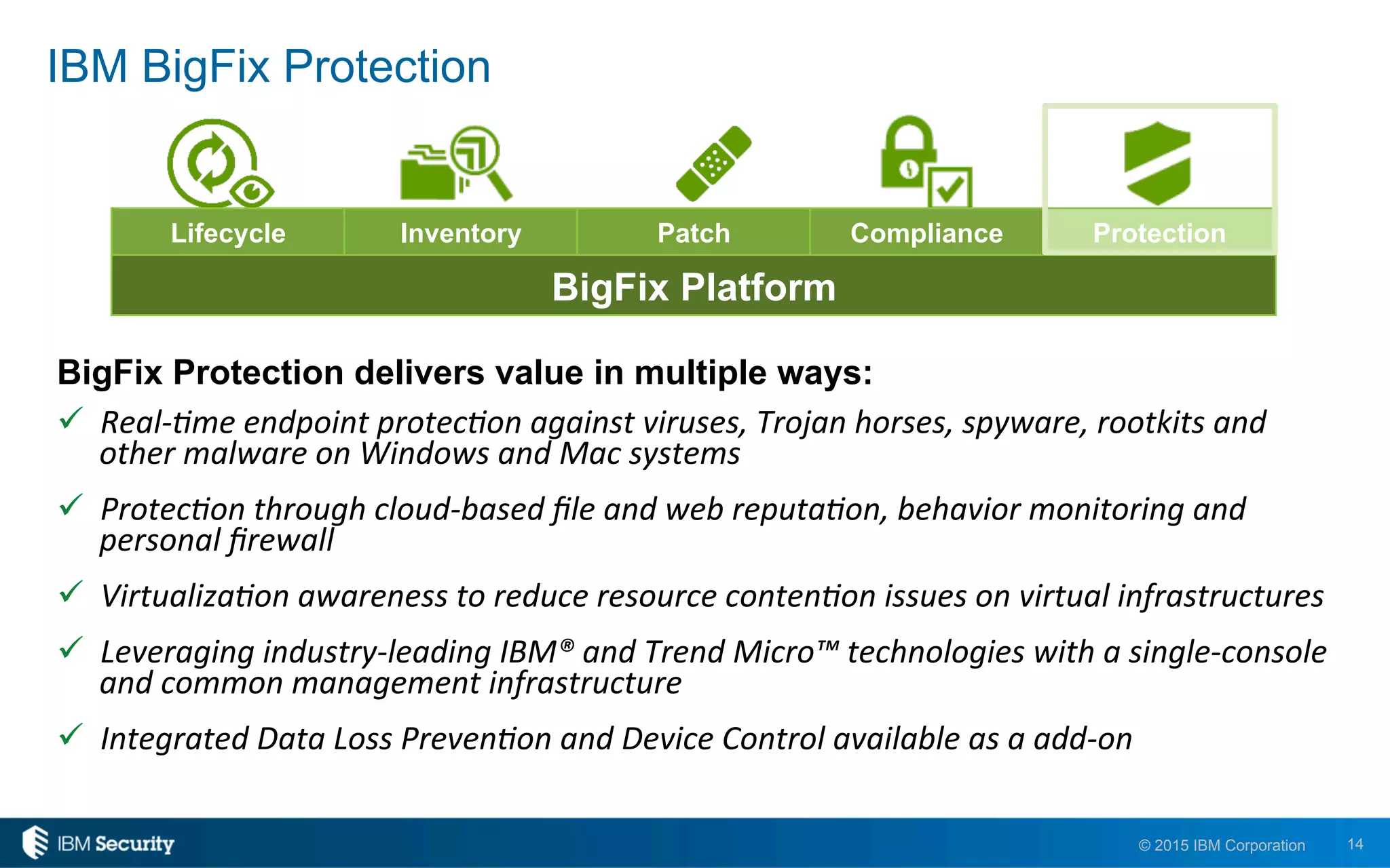 14© 2015 IBM Corporation
IBM BigFix Protection
BigFix Protection delivers value in multiple ways:
"  Real-­‐$me	
  endpoint	
  protec$on	
  against	
  viruses,	
  Trojan	
  horses,	
  spyware,	
  rootkits	
  and	
  
other	
  malware	
  on	
  Windows	
  and	
  Mac	
  systems	
  
"  Protec$on	
  through	
  cloud-­‐based	
  ﬁle	
  and	
  web	
  reputa$on,	
  behavior	
  monitoring	
  and	
  
personal	
  ﬁrewall	
  
"  Virtualiza$on	
  awareness	
  to	
  reduce	
  resource	
  conten$on	
  issues	
  on	
  virtual	
  infrastructures	
  
"  Leveraging	
  industry-­‐leading	
  IBM®	
  and	
  Trend	
  Micro™	
  technologies	
  with	
  a	
  single-­‐console	
  
and	
  common	
  management	
  infrastructure	
  
"  Integrated	
  Data	
  Loss	
  Preven$on	
  and	
  Device	
  Control	
  available	
  as	
  a	
  add-­‐on	
  	
  
Lifecycle Inventory Patch Compliance Protection
BigFix Platform
 