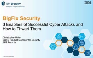 © 2015 IBM Corporation
3 Enablers of Successful Cyber Attacks and
How to Thwart Them
Christopher Beier
BigFix Product Manager for Security
IBM Security
BigFix Security
 