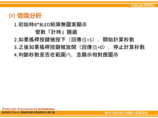 臺中市南屯區大墩國小衛星基地 5
1.初始時8*8LED矩陣無圖案顯示
變數「計時」隱藏
2.如果搖桿按鍵被按下（回傳值=1），開始計算秒數
3.之後如果搖桿按鍵被放開（回傳值=0），停止計算秒數
4.判斷秒數是否在範圍內，並顯示相對應圖示
⑶ 情境分析
 