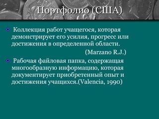 Портфолио (США) Коллекция работ учащегося, которая демонстрирует его усилия, прогресс или достижения в определенной области. ( Marzano R.J.) Рабочая файловая папка, содержащая многообразную информацию, которая документирует приобретенный опыт и достижения учащихся. (Valencia, 1990) 