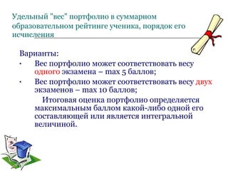 Удельный "вес" портфолио в суммарном   образовательном рейтинге ученика, порядок его исчисления Варианты: Вес портфолио может соответствовать весу  одного  экзамена –  max  5 баллов; Вес портфолио может соответствовать весу  двух  экзаменов –  max  10 баллов; Итоговая оценка портфолио определяется максимальным баллом какой-либо одной его составляющей или является интегральной величиной. 