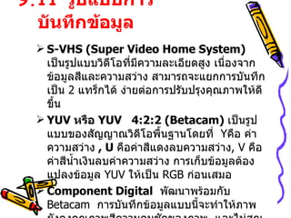 9.11  รูปแบบการบันทึกข้อมูล S-VHS (Super Video Home System )  เป็นรูปแบบวิดีโอที่มีความละเอียดสูง เนื่องจากข้อมูลสีและความสว่าง สามารถจะแยกการบันทึกเป็น  2  แทร็กได้ ง่ายต่อการปรับปรุงคุณภาพให้ดีขึ้น YUV   หรือ  YUV   4 :2:2 (Betacam)  เป็นรูปแบบของสัญญาณวิดีโอพื้นฐานโดยที่  Y คือ ค่าความสว่าง   , U  คือค่าสีแดงลบความสว่าง , V  คือค่าสีน้ำเงินลบค่าความสว่าง การเก็บข้อมูลต้องแปลงข้อมูล  YUV  ให้เป็น   RGB  ก่อนเสมอ Component Digital   พัฒนาพร้อมกับ  Betacam  การบันทึกข้อมูลแบบนี้จะทำให้ภาพยังคงคุณภาพสีความคมชัดของภาพ  และไม่สูญเสียคุณภาพในขณะบันทึก 