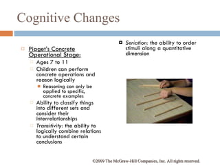Cognitive Changes Piaget’s Concrete Operational Stage: Ages 7 to 11 Children can perform concrete operations and reason logically Reasoning can only be applied to specific, concrete examples Ability to classify things into different sets and consider their interrelationships Transitivity:  the ability to logically combine relations to understand certain conclusions  Seriation:  the ability to order stimuli along a quantitative dimension ©2009 The McGraw-Hill Companies, Inc. All rights reserved.  