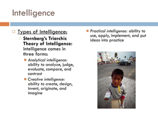 Intelligence Types of Intelligence: Sternberg’s Triarchic Theory of Intelligence:  intelligence comes in three forms: Analytical intelligence:  ability to analyze, judge, evaluate, compare, and contrast Creative intelligence:  ability to create, design, invent, originate, and imagine Practical intelligence:  ability to use, apply, implement, and put ideas into practice 