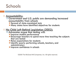 Schools Accountability: Government and U.S. public are demanding increased accountability from schools Spread of state-mandated tests Many states have identified objectives for students No Child Left Behind Legislation (2002): Advocates argue that testing will: Improve student performance Encourage teachers to spend more time teaching the subjects that are tested Raise expectations for students Identify poorly performing schools, teachers, and administrators Improve confidence in schools ©2009 The McGraw-Hill Companies, Inc. All rights reserved.  