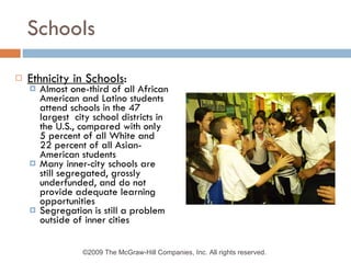 Schools Ethnicity in Schools : Almost one-third of all African American and Latino students attend schools in the 47 largest  city school districts in the U.S., compared with only 5 percent of all White and 22 percent of all Asian-American students Many inner-city schools are still segregated, grossly underfunded, and do not provide adequate learning opportunities Segregation is still a problem outside of inner cities ©2009 The McGraw-Hill Companies, Inc. All rights reserved.  