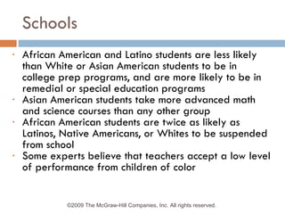 Schools African American and Latino students are less likely than White or Asian American students to be in college prep programs, and are more likely to be in remedial or special education programs Asian American students take more advanced math and science courses than any other group African American students are twice as likely as Latinos, Native Americans, or Whites to be suspended from school Some experts believe that teachers accept a low level of performance from children of color ©2009 The McGraw-Hill Companies, Inc. All rights reserved.  