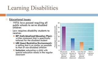 Learning Disabilities Educational Issues: 1975: laws passed requiring all public schools to serve disabled children Law requires disability students to receive: IEP (Individualized Education Plan):  written statement that is specifically tailored for the disabled student LRE (Least Restrictive Environment):  a setting that is as similar as possible to that of non-disabled children Inclusion:  educating a child with special education needs in the regular classroom 