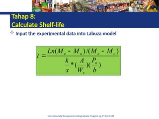 Internationally Recognized Undergraduate Program by IFT & IUFoST
Tahap 8:
Calculate Shelf-life
 Input the experimental data into Labuza model
)
)(
(
*
)
/(
)
(
b
P
W
A
x
k
M
M
M
M
Ln
t
o
s
c
e
o
e 


 