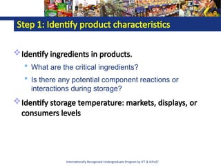 Internationally Recognized Undergraduate Program by IFT & IUFoST
Step 1: Identify product characteristics
Identify ingredients in products.
 What are the critical ingredients?
 Is there any potential component reactions or
interactions during storage?
Identify storage temperature: markets, displays, or
consumers levels
 