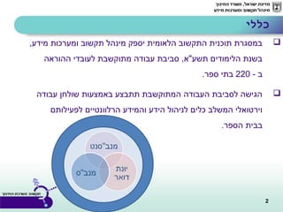 2
,‫מידע‬ ‫ומערכות‬ ‫תקשוב‬ ‫מינהל‬ ‫יספק‬ ‫הלאומית‬ ‫התקשוב‬ ‫תוכנית‬ ‫במסגרת‬
‫ההוראה‬ ‫לעובדי‬ ‫מתוקשבת‬ ‫עבודה‬ ‫סביבת‬ ,‫תשע"א‬ ‫הלימודים‬ ‫בשנת‬
- ‫ב‬220.‫ספר‬ ‫בתי‬
‫עבודה‬ ‫שולחן‬ ‫באמצעות‬ ‫תתבצע‬ ‫המתוקשבת‬ ‫העבודה‬ ‫לסביבת‬ ‫הגישה‬
‫לפעילותם‬ ‫הרלוונטיים‬ ‫והמידע‬ ‫הידע‬ ‫לניהול‬ ‫כלים‬ ‫המשלב‬ ‫וירטואלי‬
.‫הספר‬ ‫בבית‬
‫כללי‬
 