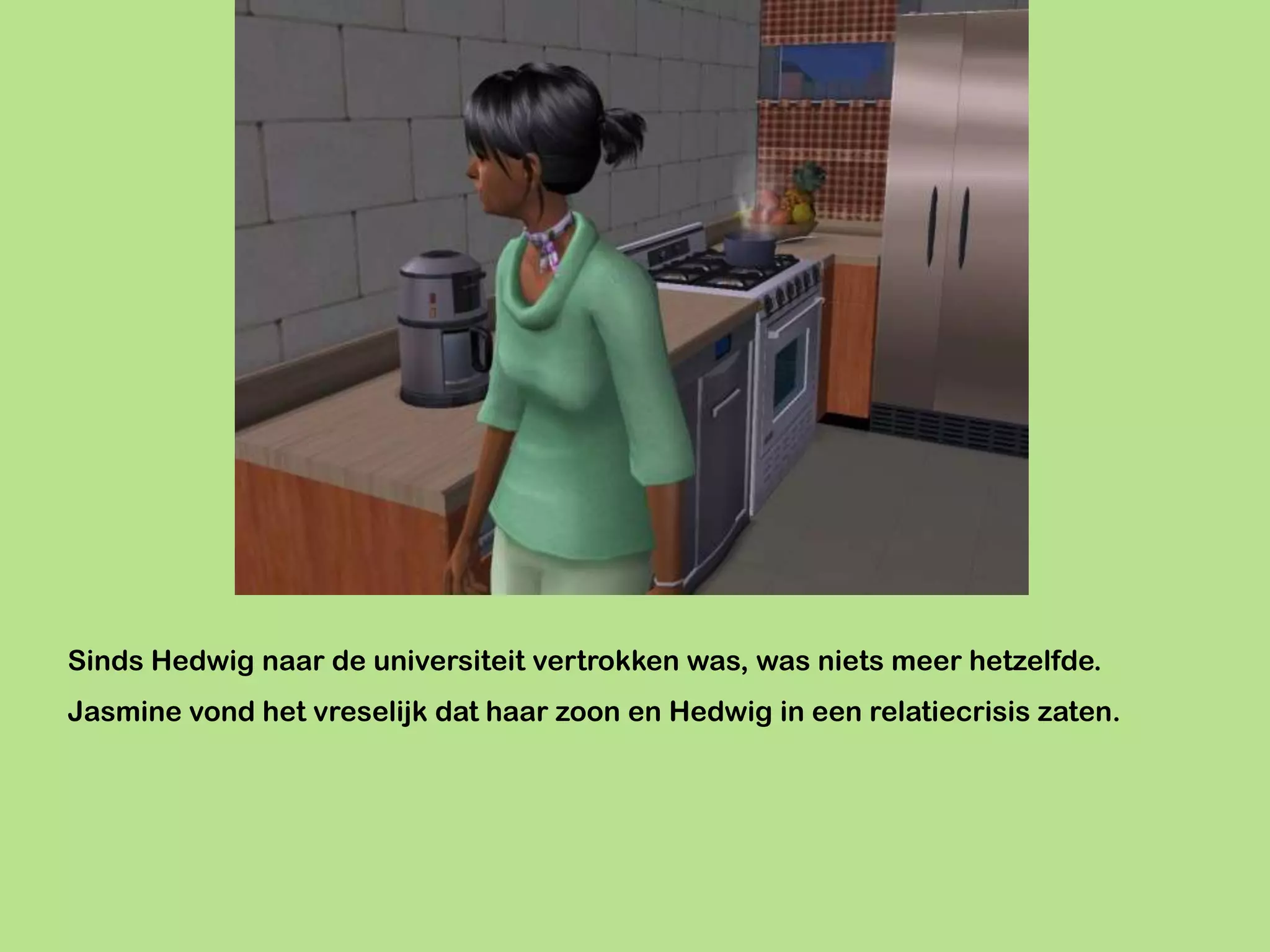 Sinds Hedwig naar de universiteit vertrokken was, was niets meer hetzelfde.
Jasmine vond het vreselijk dat haar zoon en Hedwig in een relatiecrisis zaten.
 