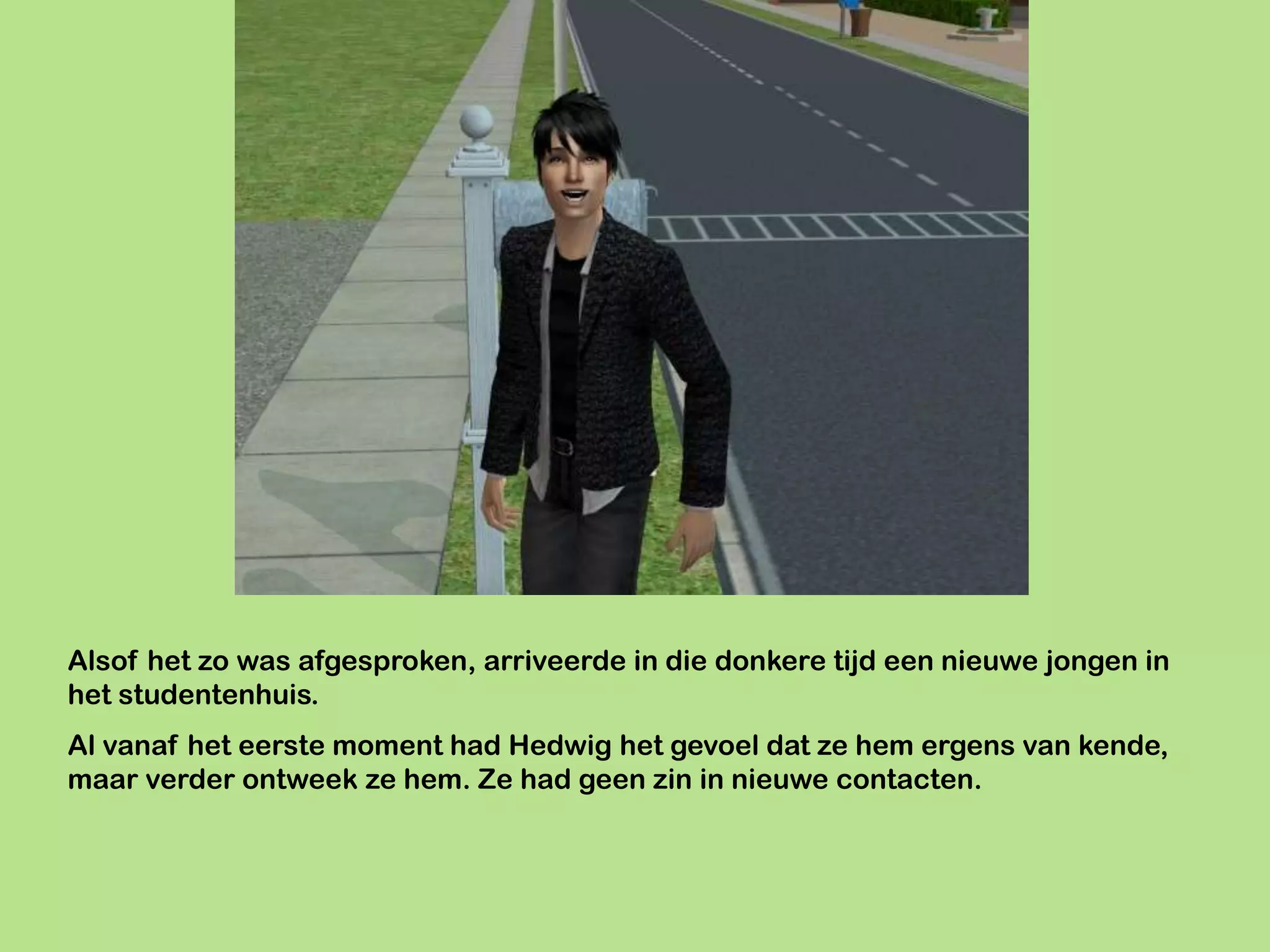 Alsof het zo was afgesproken, arriveerde in die donkere tijd een nieuwe jongen in
het studentenhuis.
Al vanaf het eerste moment had Hedwig het gevoel dat ze hem ergens van kende,
maar verder ontweek ze hem. Ze had geen zin in nieuwe contacten.
 