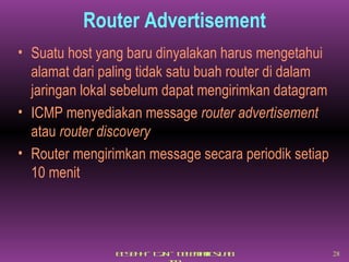 Router Advertisement Suatu host yang baru dinyalakan harus mengetahui alamat dari paling tidak satu buah router di dalam jaringan lokal sebelum dapat mengirimkan datagram ICMP menyediakan message  router advertisement  atau  router discovery Router mengirimkan message secara periodik setiap 10 menit 