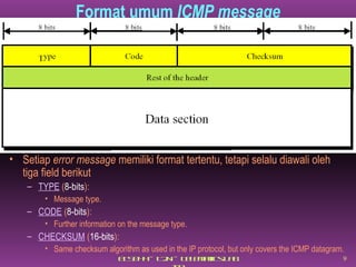 Format umum  ICMP message Setiap  error message  memiliki format tertentu, tetapi selalu diawali oleh tiga field berikut TYPE  ( 8-bits ): Message type. CODE  ( 8-bits ): Further information on the message type. CHECKSUM  ( 16-bits ): Same checksum algorithm as used in the IP protocol, but only covers the ICMP datagram. 