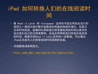 iPad תǵĶʱ
         
?  Read it Later  Instapaper ǩӦе
  ԭ֮һΪ챻źȤû
  ûʱĶDVRsת俴ӵʱԸõ
  ӦԼճ̱ЩӦðתĶ
  ʱ䡣³Read it LaterһЩݣԿ
  iPadڳΪתĶʱѡ豸

? ϸͼԭġ

? http://www.36kr.com/ipad-shifts-reading.html
 